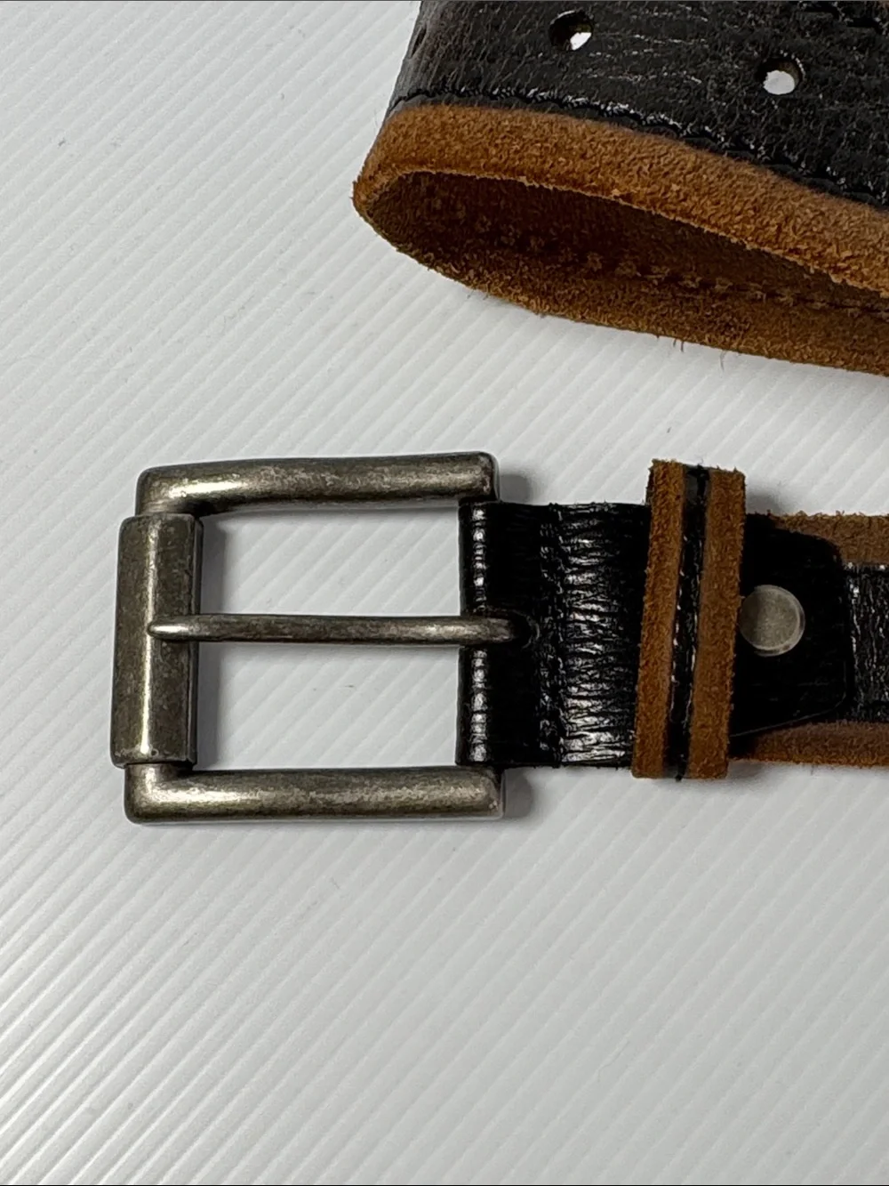 JOE'S Black Leather Brown Suede Raw Trim Men's Handmade Belt Size 38 Silver